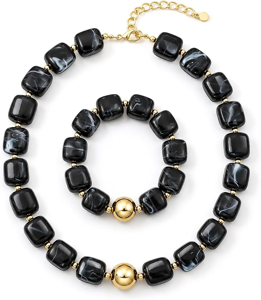 Chunky Resin Beaded Choker Necklace and Bracelet Set for Women, Y2K Boho Summer Beach Jewelry, 18... | Amazon (US)