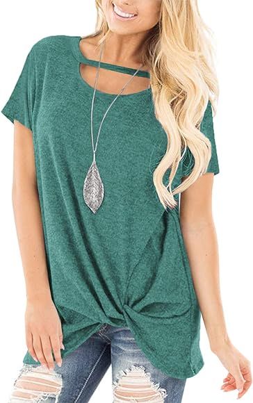 SAMPEEL Women's Casual T Shirts Twist Knot Choker Tops Tunics | Amazon (US)