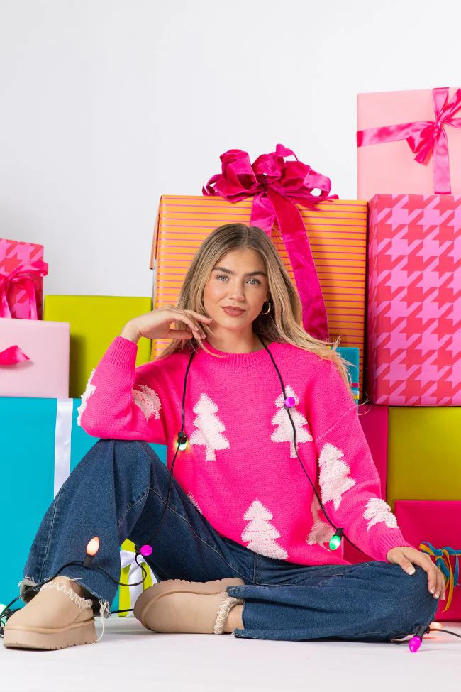 Kassie Pink And Cream Christmas Tree Sweater DOORBUSTER | Pink Lily