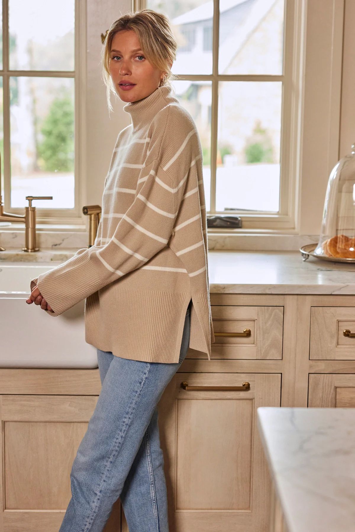 Madeline Cotton Sweater in Driftwood Ivory Stripe | Lake Pajamas