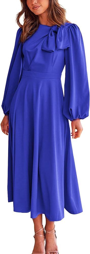 BTFBM Women's 2023 Formal Maxi Dress Puff Long Sleeve Crewneck Bow Tie A-Line Long Flowy Wedding ... | Amazon (US)
