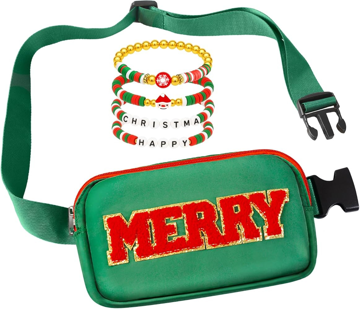 Christmas Fanny Pack With Bracelets For Girls Boys Women, Merry Green Belt Bag, Christmas Merry P... | Amazon (US)