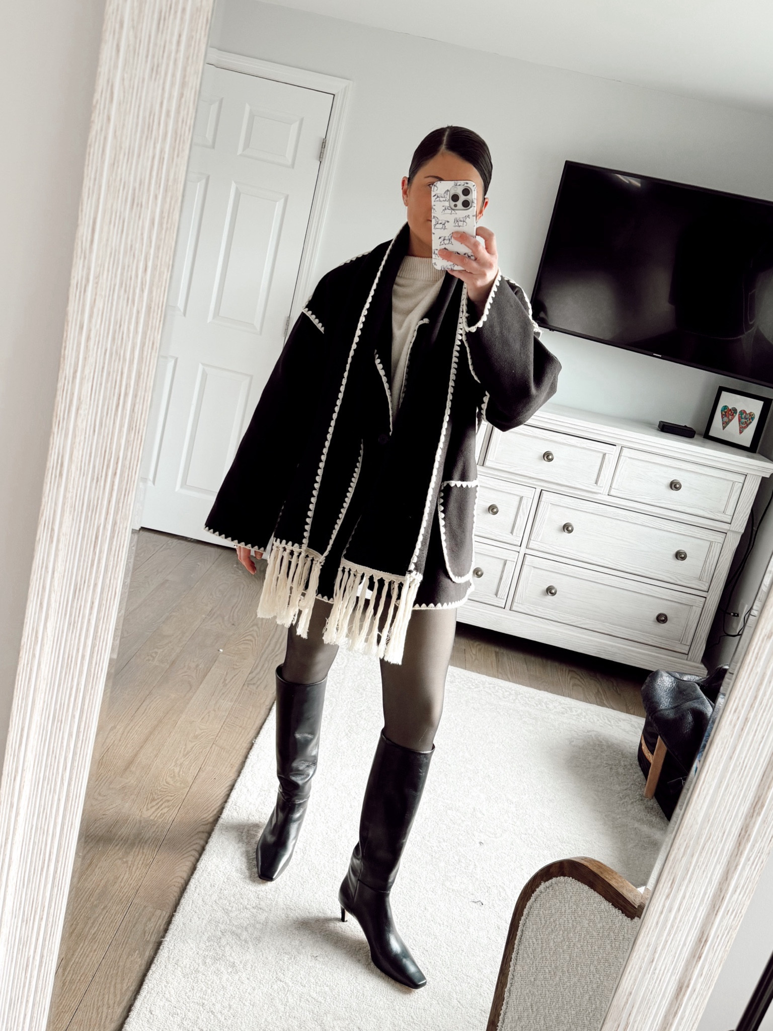 Embroidered Fringe Contrast-Trim Scarf Jacket 🐦‍⬛🧣 A much more affordable option to the designer version ☑️ 

#LTKstyletip #LTKSeasonal #LTKshoecrush