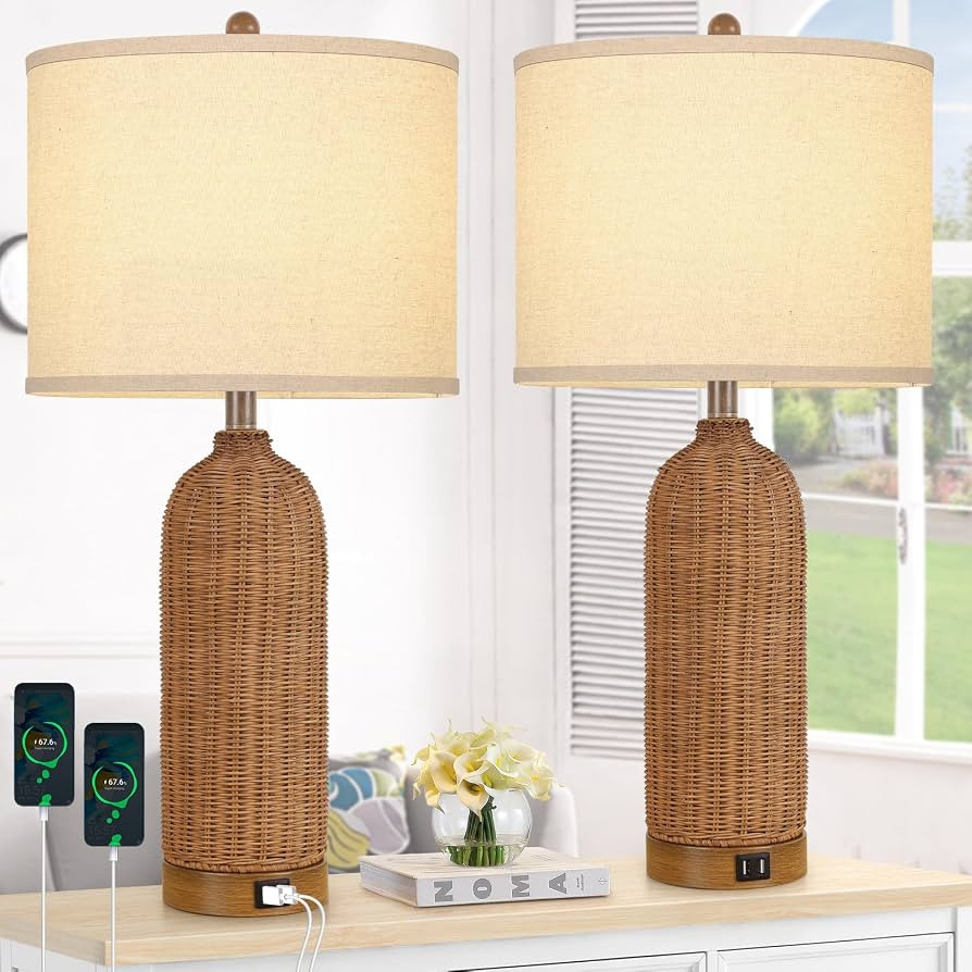 Set of 2 Rattan Table Lamps with 2 USB Ports, 29'' Tall Farmhouse Lamp for Living Room, Bedroom, ... | Amazon (US)