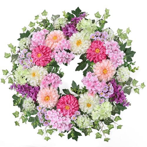Zmtyykh 24 Inch Dahlia & Hydrangea Wreath Artificial Spring Wreath for Front Door Floral Wreat with Hyacinth Daisy Eucalyptus Ivy Indoor Outdoor Farmhouse Home Decor for Valentine’s Day Easter Summer | Amazon (US)