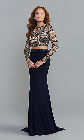 Long Navy Two-Piece Beaded Crop-Top Prom Dress | Prom Girl