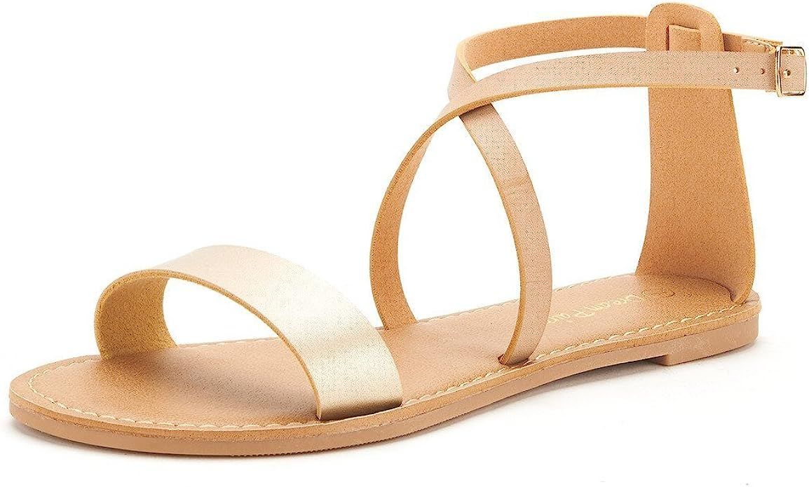 DREAM PAIRS Women’s One Band Ankle Strap Buckle Flat Sandals | Amazon (US)