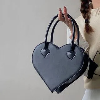 Faux Leather Heart Handbag Black - One Size | YesStyle Global