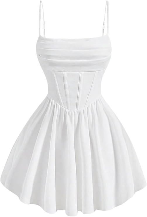 SHENHE Women's Ruched Corset Dress Spaghetti Strap Fit and Flare Flowy Skater Mini Cami Dress | Amazon (US)