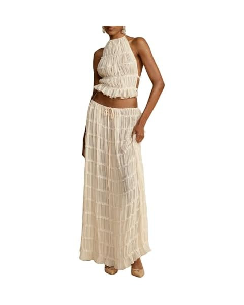 Argeousgor 2 Piece Maxi Skirt Set for Women Lace Up Back Tank Tops Tie Up High Waist Long Skirt S... | Amazon (US)