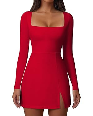 Memoriesea Women's Square Neck Long Sleeve Side Slit A-Line Cocktail Party Club Mini Dress | Amazon (US)