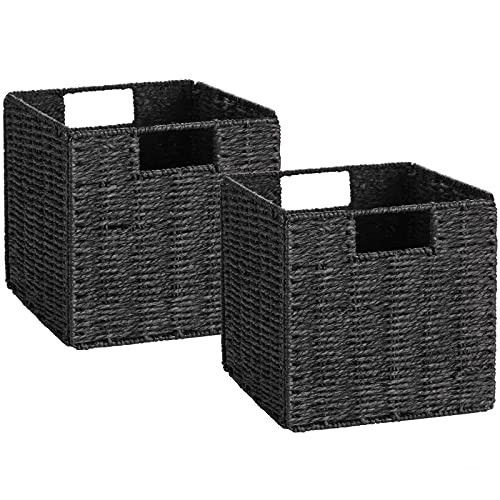 Vagusicc Storage Basket, Set of 2 Hand-Woven Storage Baskets for Organizing with Handles, Foldable Cube Storage Baskets Bins Organizer, 13 inch Large Wicker Baskets for Shelves & Decor, Black | Amazon (US)