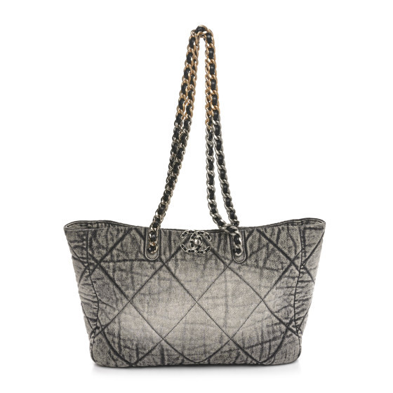 Washed Denim Quilted Chanel 19 East West Shopping Bag Black White | FASHIONPHILE (US)