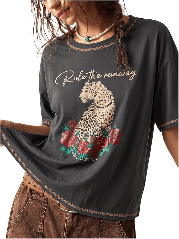 BEAUDRM Women's Graphic Boho Short Sleeve Tee Tops Crewneck Loose Fit T Shirts Streetwear | Amazon (US)
