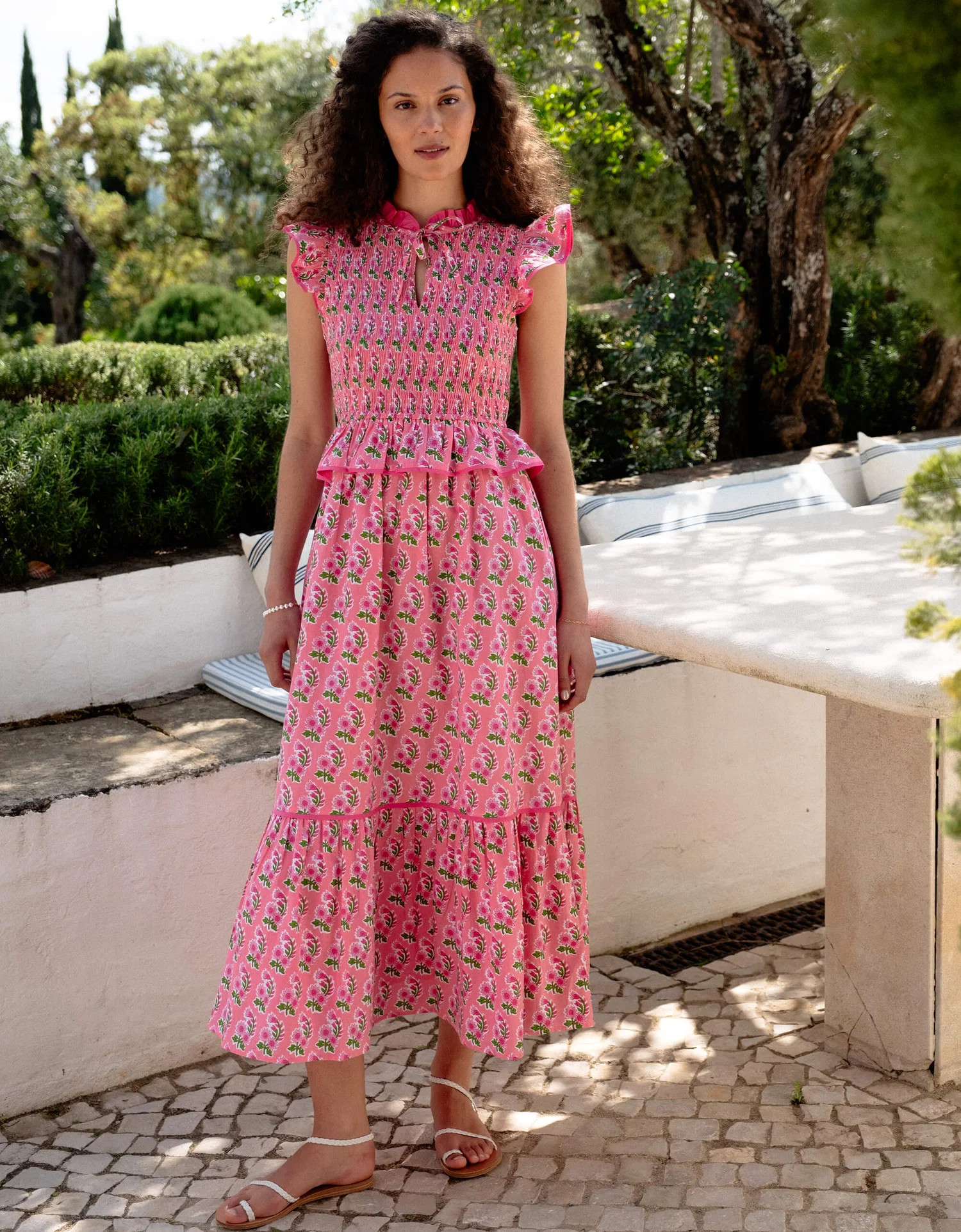 Harper Dress | Pink & Green Floral Midi | Screen Print Cotton | Pink City Prints UK