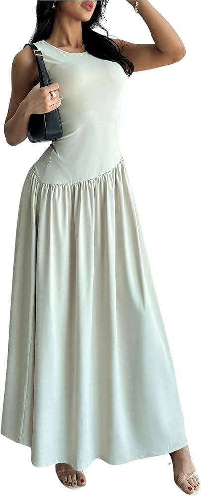 SHENHE Women's Sleeveless Drop Waist Ruched Maxi Dress Elegant A Line Flowy Asymmetrical Long Tan... | Amazon (US)