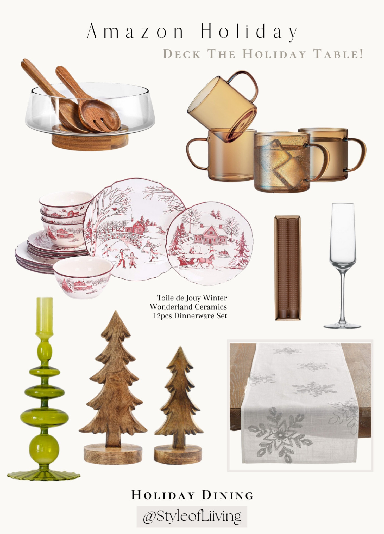 Amazon holiday dining! Decorate the dinner table for the holidays. Serveware, tabletop, tableware, drink ware, glasses. Glass mugs, salad bowl, winter wonderland ceramics 12 pieces dinnerware set, dinner plates, snowflake table runner, champagne flutes, tapered candles, candle holders, Christmas trees decor decorations. Christmas. #founditonamazon

#LTKSeasonal #LTKHoliday #LTKhome