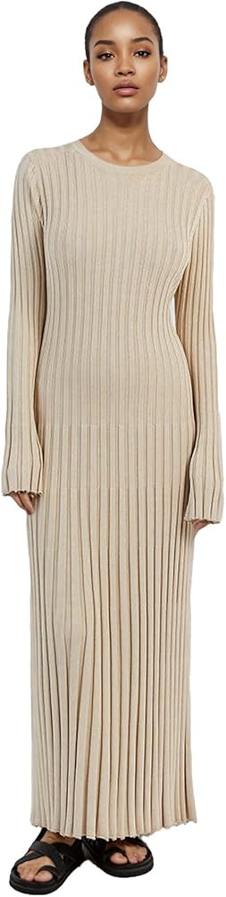 Women Long Sleeve Knit Maxi Dress Crewneck Solid Ribbed Casual Bodycon Pleated Elegant Long Sweat... | Amazon (US)