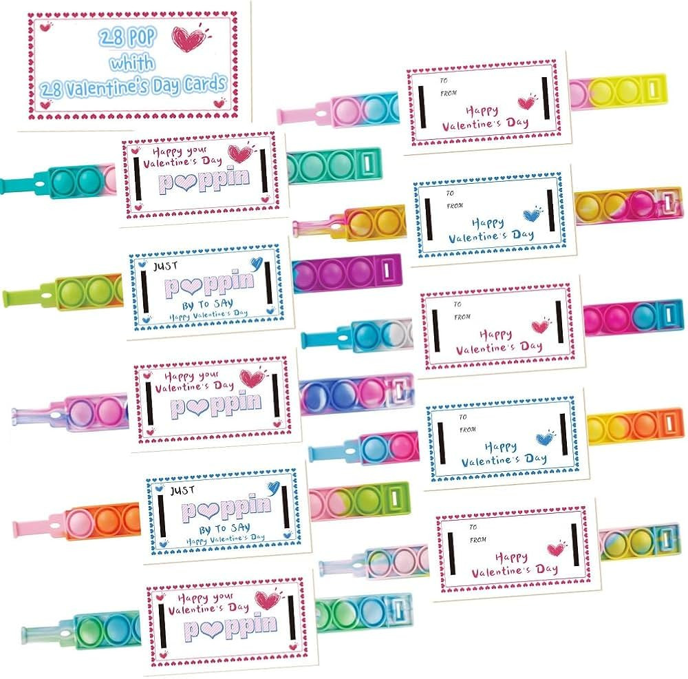 28PCS Valentines Cards with Pop Bracelets Fidget Toys, Bulk-Valentine's Day Gifts for Kids, Valen... | Amazon (US)