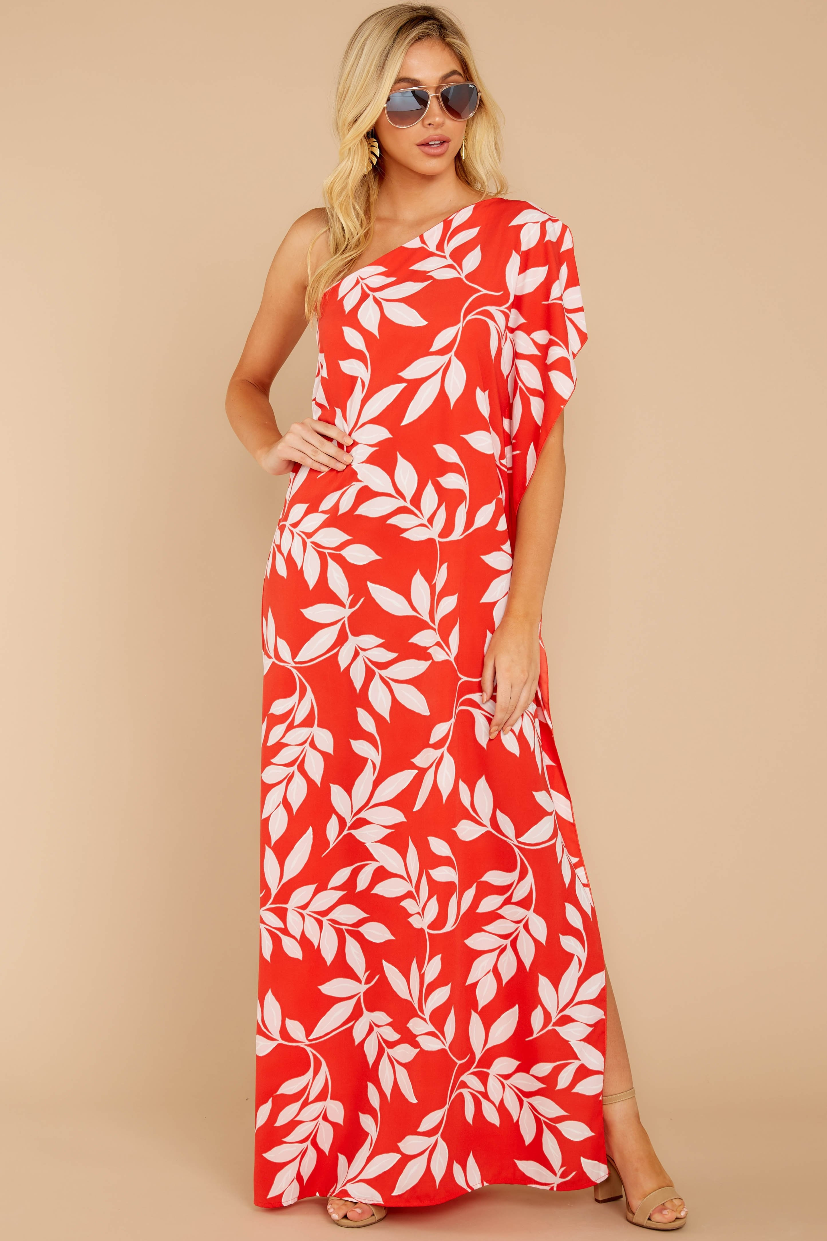 Palm Spring Paradise Coral Orange Print One Shoulder Maxi Dress | Red Dress 