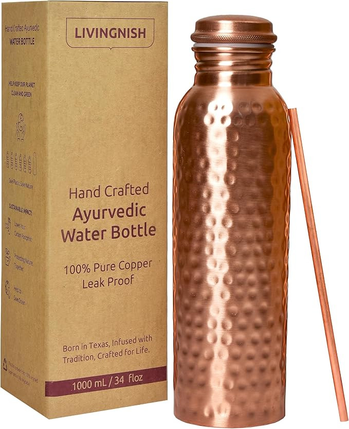 100% Pure Copper Water Bottle for Drinking – Extra Large 34 Oz Wide Mouth, Hammered Ayurvedic C... | Amazon (US)