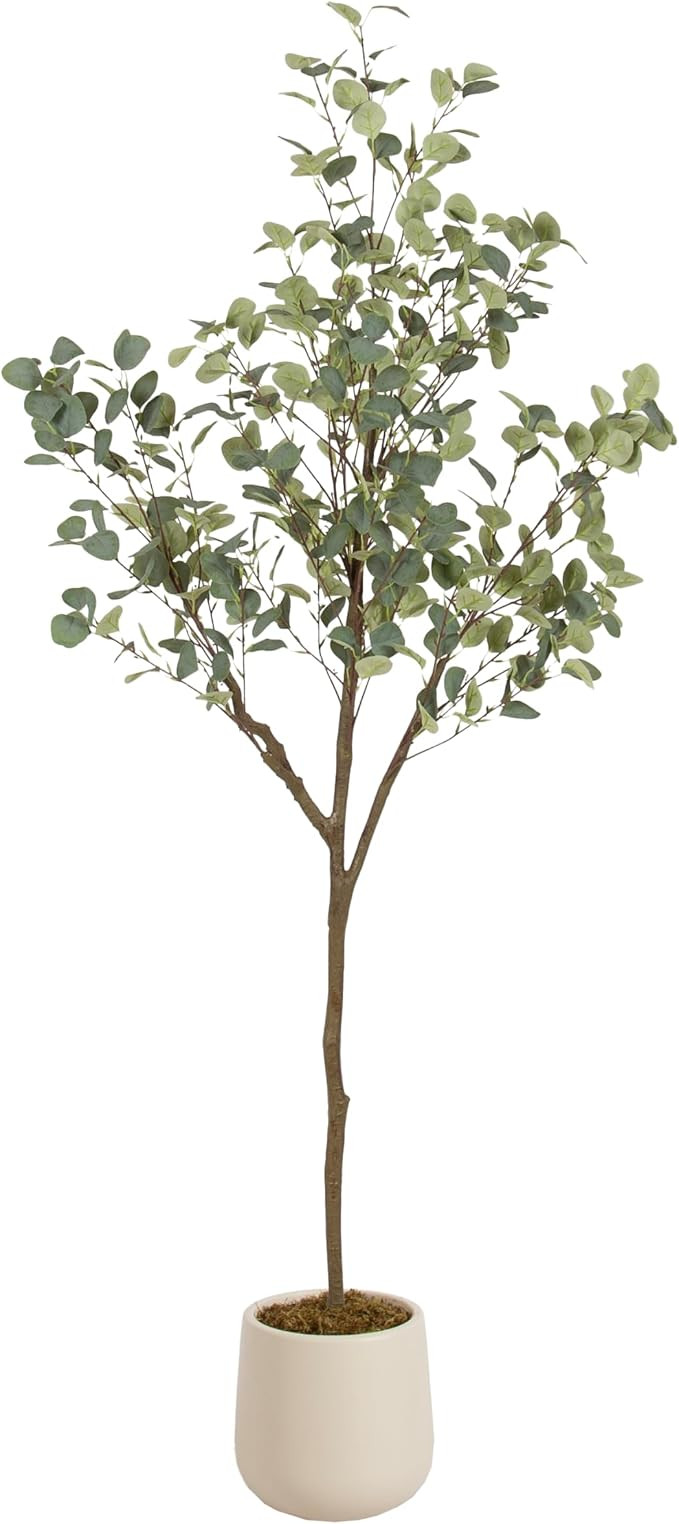 Kate and Laurel Eudora Faux Eucalyptus Tree with Jia Curved Planter Pot, 6 FT, Cream, Potted Arti... | Amazon (US)