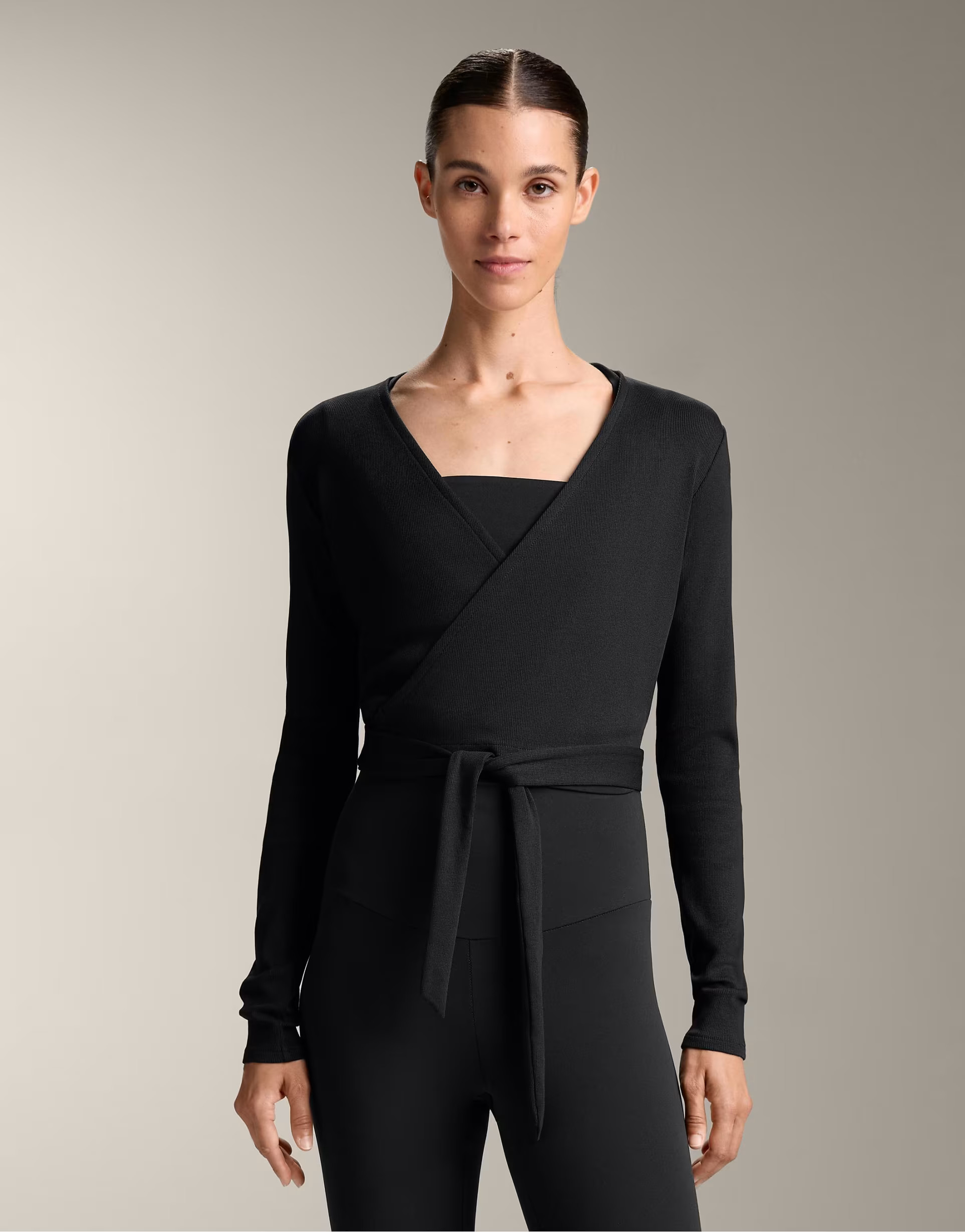 OYSHO Heavy rib cotton blend wrap top with tie in black | ASOS (Global)