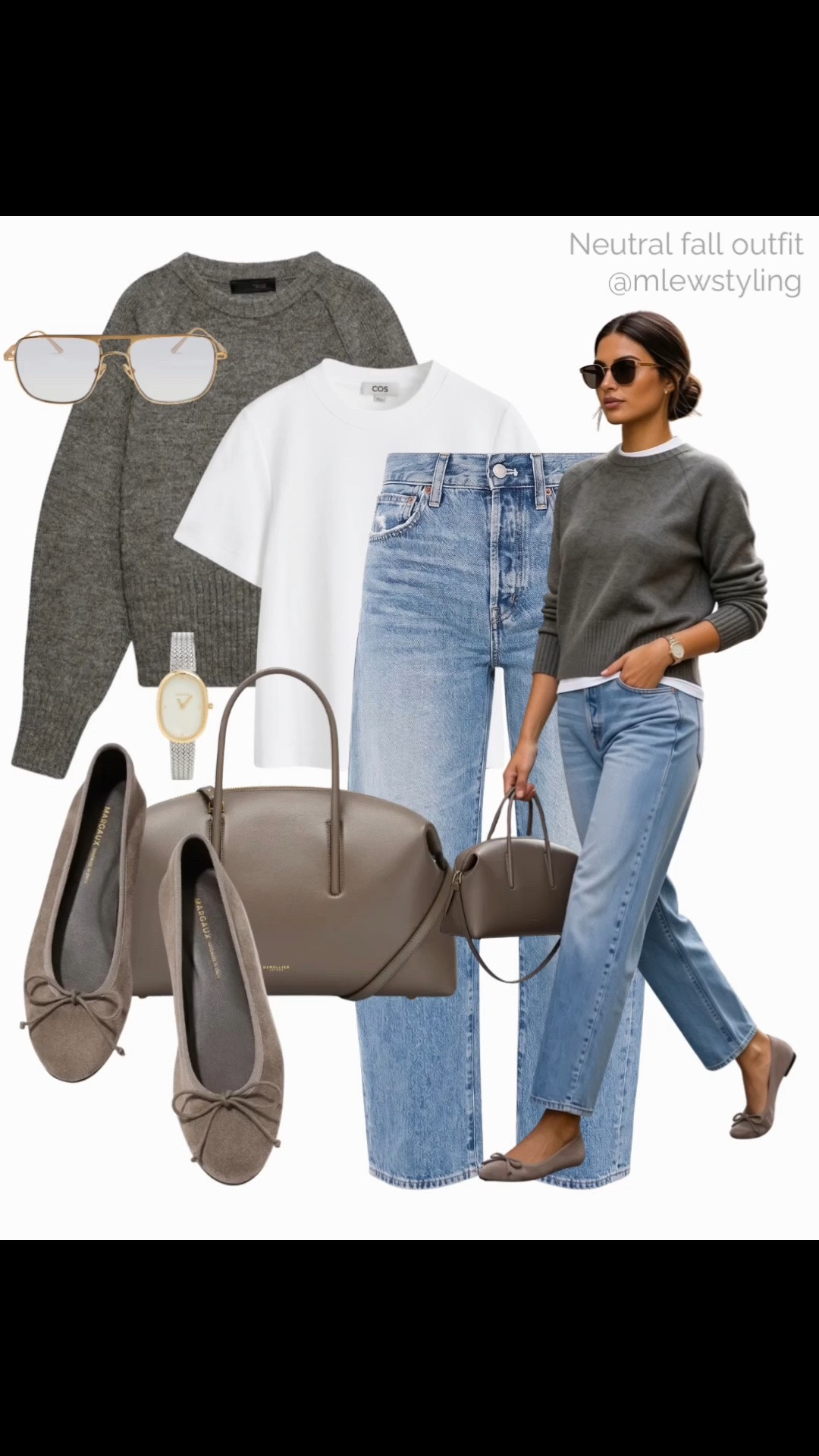 Neutral fall outfit inspo 🩶

Tags: new in Zara grey sweater, COS white tee, light wash ankle jeans, Margaux ballet flats, demellier tote bag, silver & gold watch, gold sunglasses, autumn outfit formulas, capsule wardrobe

#LTKfall #LTKjeans #LTKshoes
