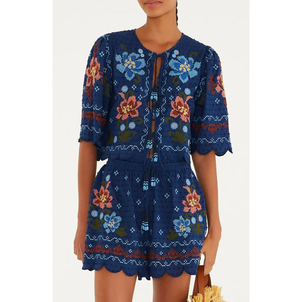 FARM Rio Stitched Garden Cover-Up Top in Dark Blue at Nordstrom, Size Medium | Nordstrom