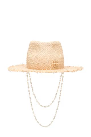 Ruslan Baginskiy Pearl Chain Frayed Brim Fedora Hat in Natural Straw from Revolve.com | Revolve Clothing (Global)