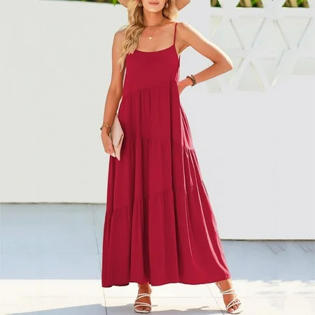 Red Womens Maxi Dresses 2024 Spandex Summer Dresses For Women 2024 Vacation Womens Midi Dresses With Sleeves Women Summer Casual Loose Dress Spaghetti Strap Beach Cover Up Long Cami Maxi Dresses | Walmart (US)