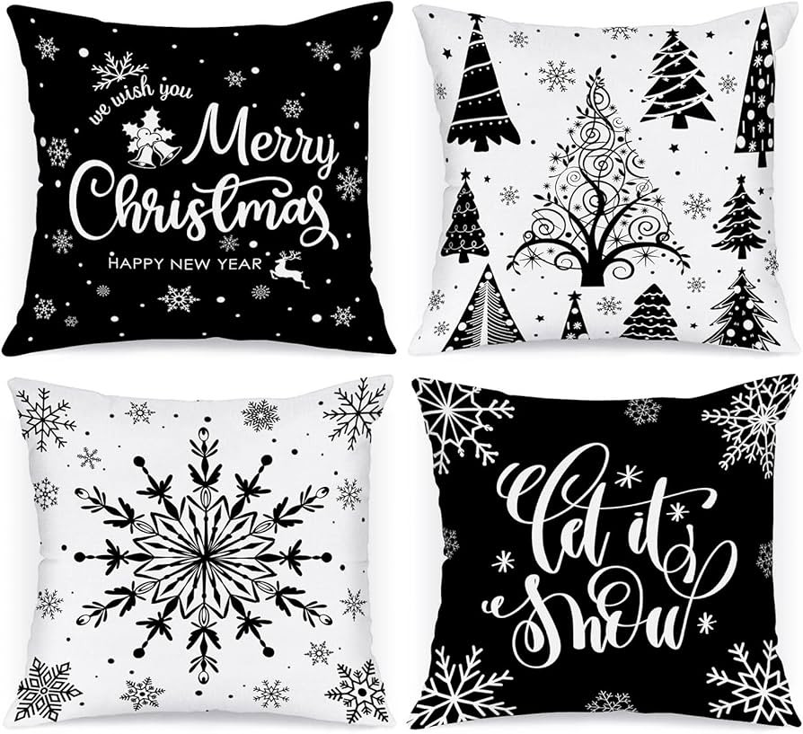 Lanpn Christmas Throw Pillow Covers 18x18 4 pcs, Black White Merry Christmas Xmas Winter Snowflak... | Amazon (US)