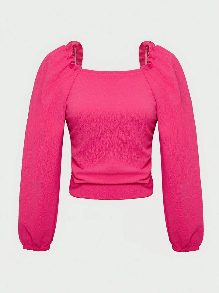 Teen Girls' Elegant Lantern Sleeve Long Sleeve Shirt With Back Lace Cutout | SHEIN