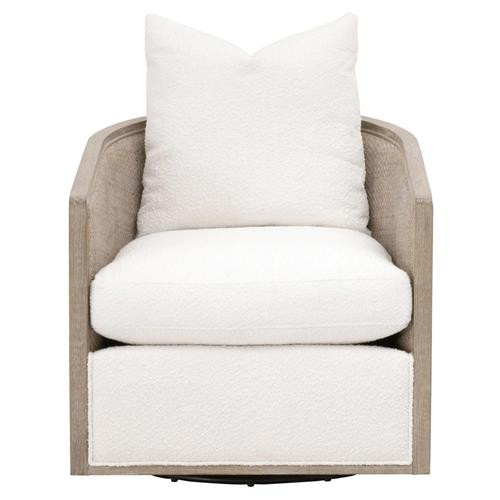 Mason Coastal White Performance Boucle Grey Oak Woven Rattan Swivel Club Chair | Kathy Kuo Home