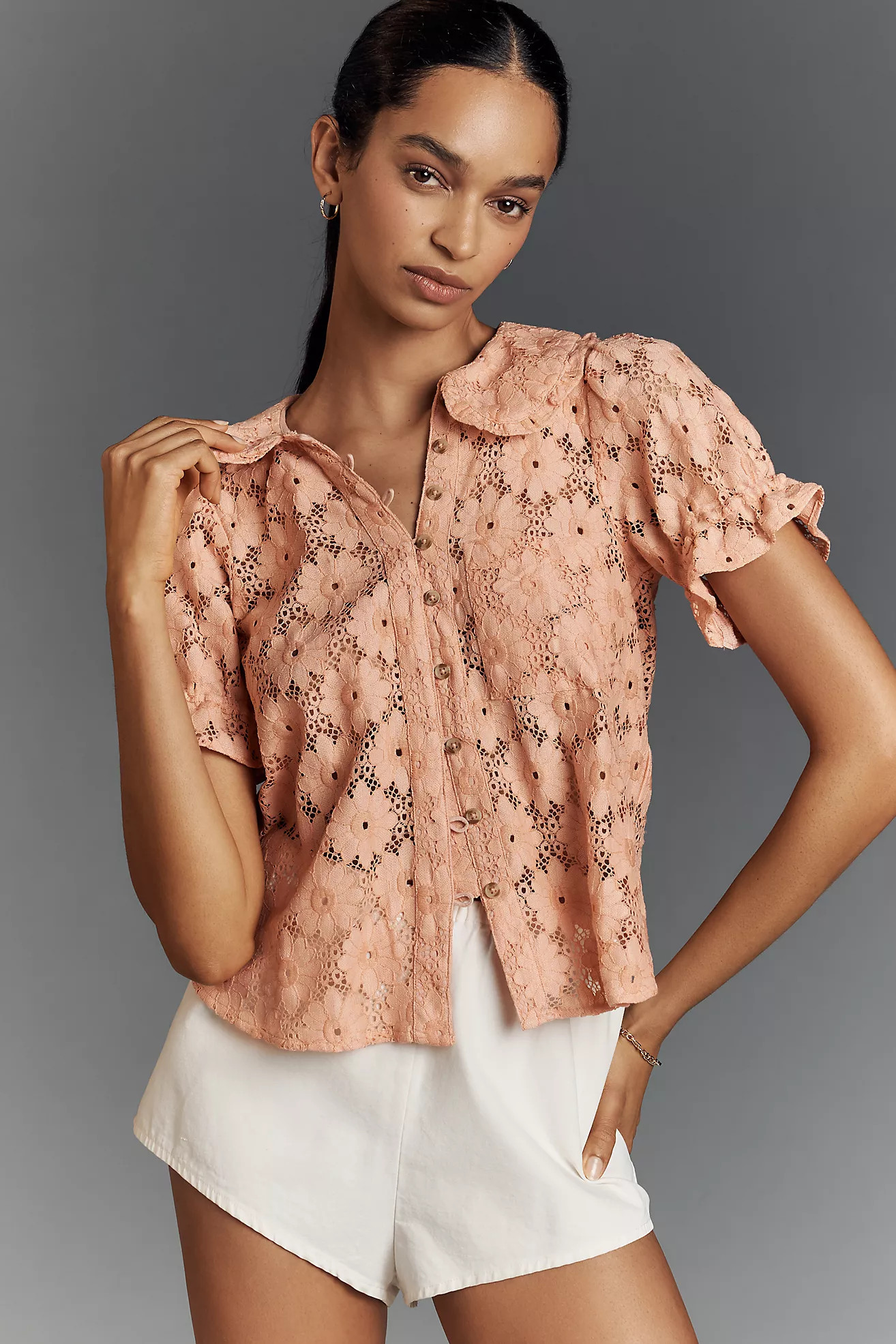 The Keira Collared Button-Front Blouse by Pilcro: Lace Edition | Anthropologie (US)