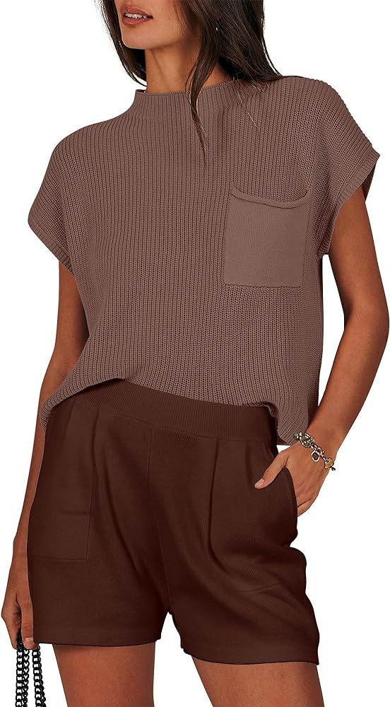 ANRABESS Women's Two Piece Outfits Sweater Short Sets Knit Pullover Tops and Shorts Lounge Set Tr... | Amazon (US)