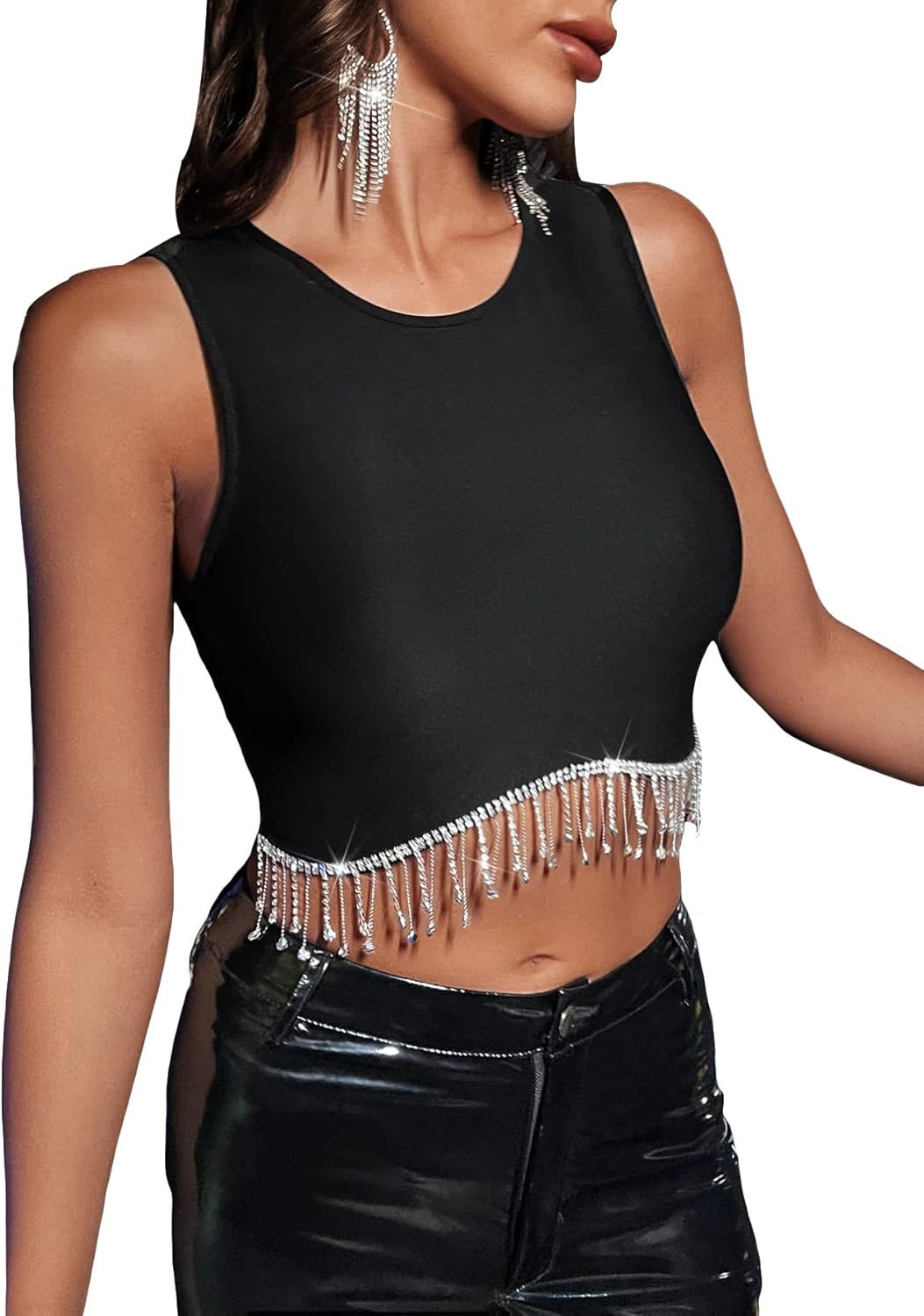 Milumia Women's Rhinestone Trim Fringe Tops Sparkly Sleeveless Crew Neck Tank Crop Top | Amazon (US)