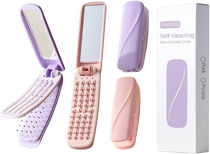4 Pcs Foldable Travel Hair Brush, Compact and Lightweight with Mirror, Self-Cleaning Design, Mini... | Amazon (US)