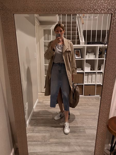 Today’s casual work outfit feat. A trench coat, denim midi skirt, striped T-shirt a white sneakers.

#trenchcoat #whitesneakers #stripedtshirt #laptopbackpack #casualworkoutfit #falloutfit #fallstyle #europeanstyle

#LTKunder50 #LTKSeasonal #LTKstyletip