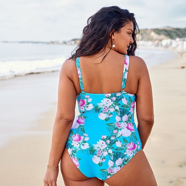 Women's Blue Floral Plus Size One Piece Strappy V Neck Bathing Suit - Cupshe | Target
