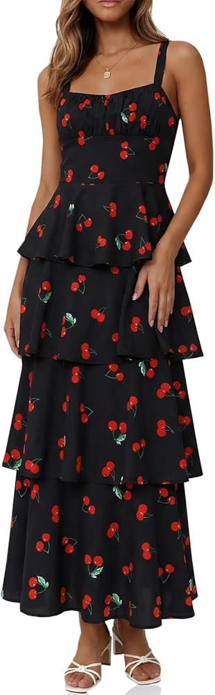 Wenrine Womens Summer Floral Maxi Dresses Sleeveless Spaghetti Strap Tie Back Ruffle Tiered Flowy... | Amazon (US)