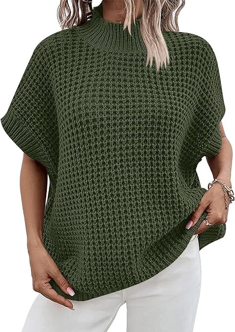 ANRABESS Womens Oversized Short Batwing Sleeve Sweater Mock Neck Casual 2024 Summer Knit Sleevele... | Amazon (US)