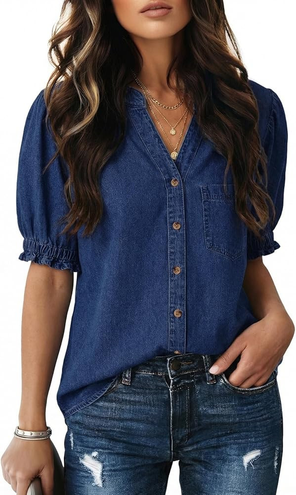 Dokotoo Women Denim Shirt Button Down Casual Short Sleeve V Neck Blouse Summer Tops | Amazon (US)