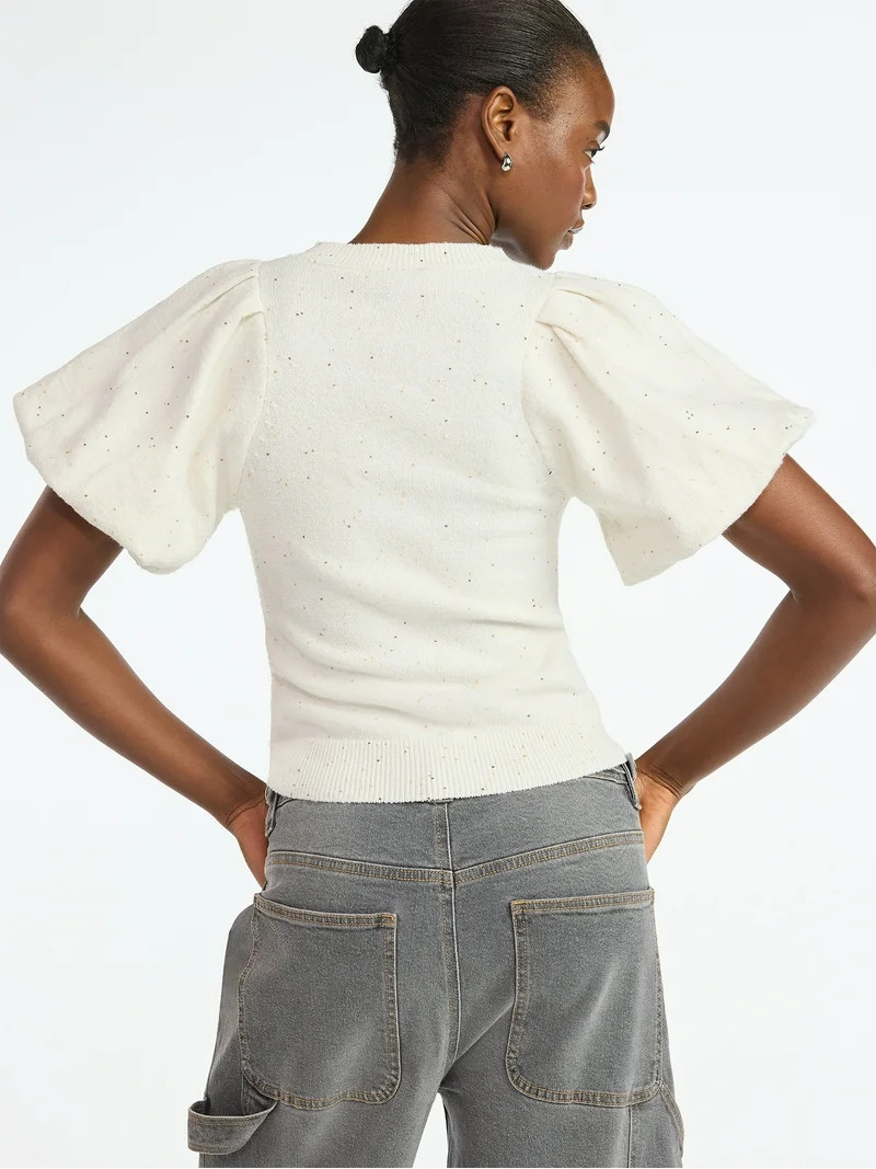 Scoop Women's and Women's Plus Sequin Sweater Top with Puff Sleeves, Lightweight, Sizes XS-4X | Walmart (US)