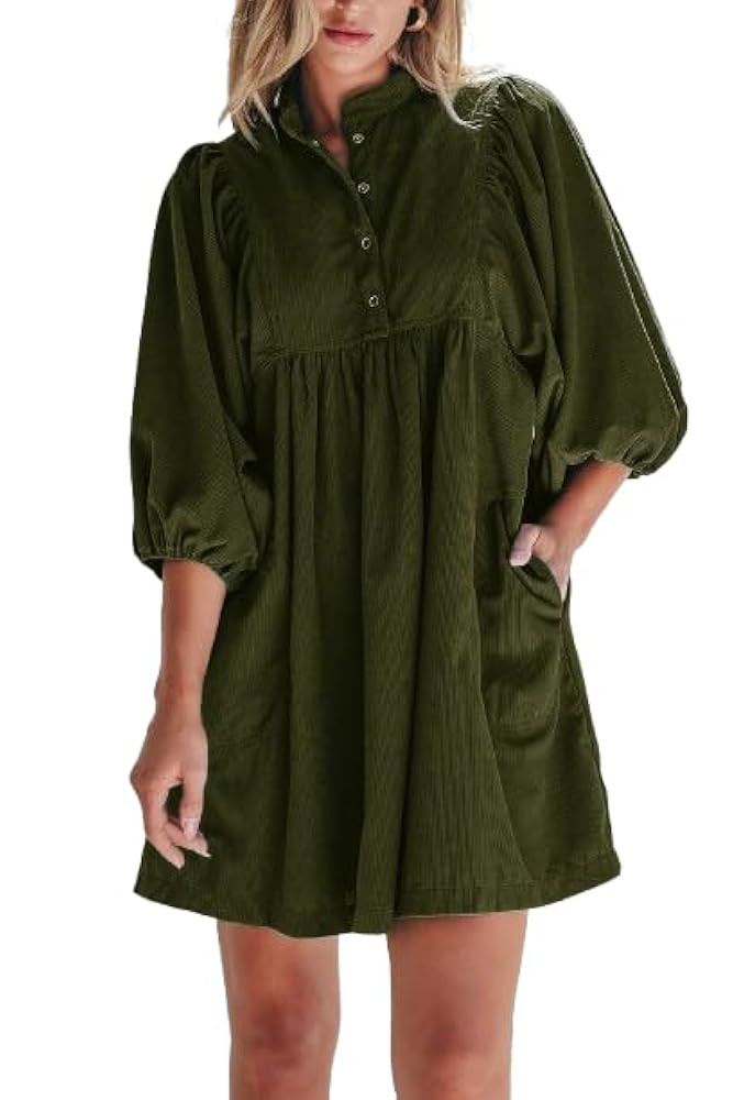 Womens Casual Dresses Corduroy Button Up Empire Waist 3/4 Sleeve Fall Winter Mini Babydoll Dress | Amazon (US)