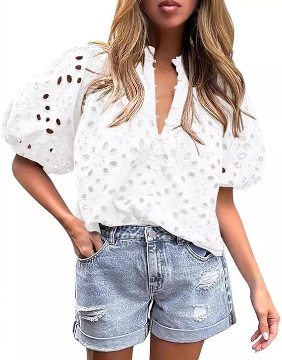 Women's Summer Tops Dressy Casual Short Lantern Sleeve Buttons Hollow Out Lace Embroidered Blouse... | Amazon (US)