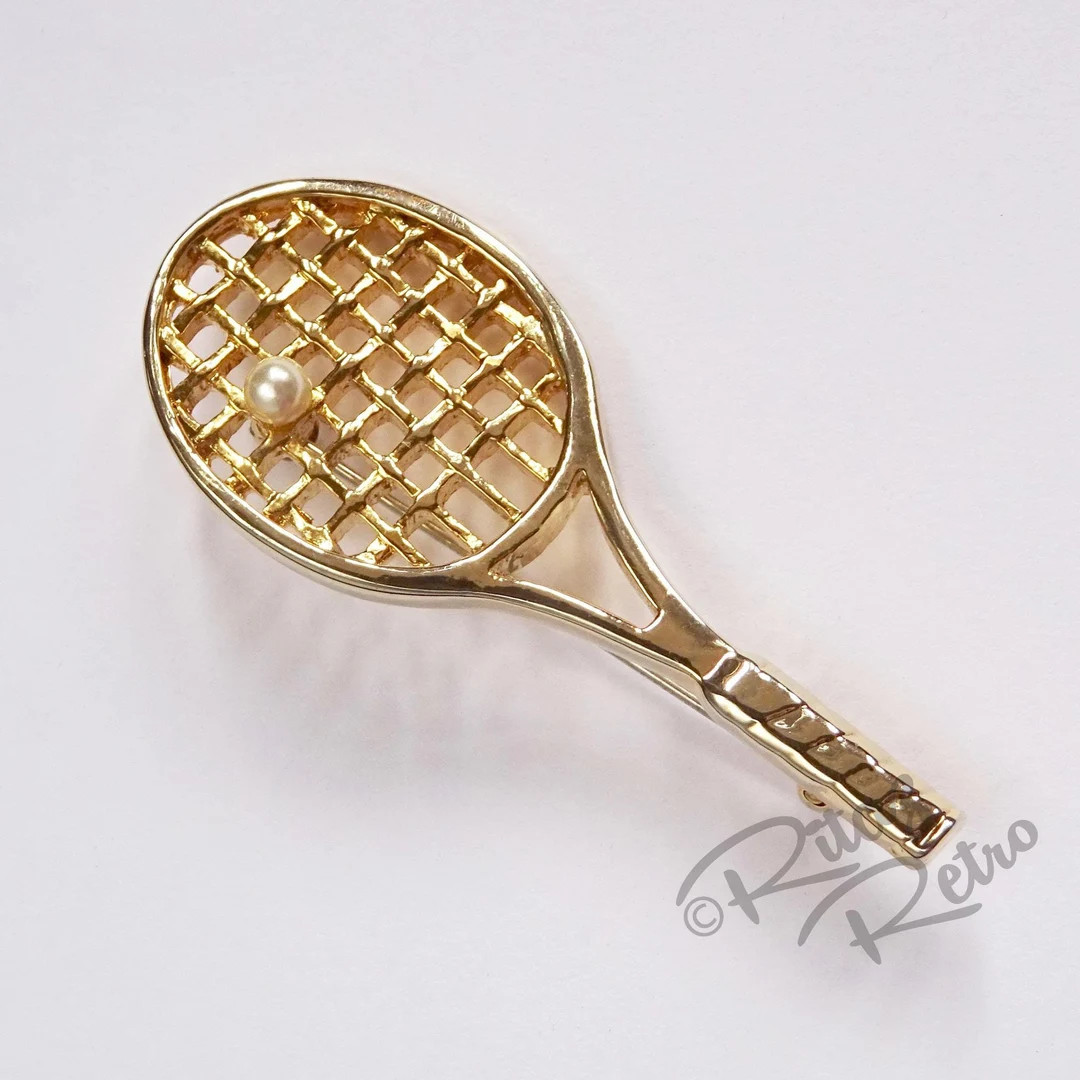 Vintage Cabouchon Tennis Brooch, 18ct Gold Plate & Faux Pearl, Sport Brooch, Tennis Racket Pin - ... | Etsy (US)