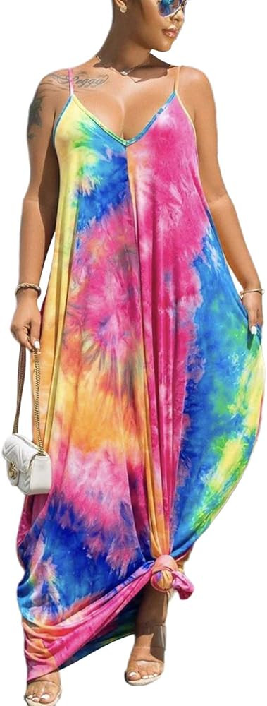 Women's Maxi Sunflower Dresses Sleeveless Long Tie Dye Dress Casual Sundresses with Pockets | Amazon (US)