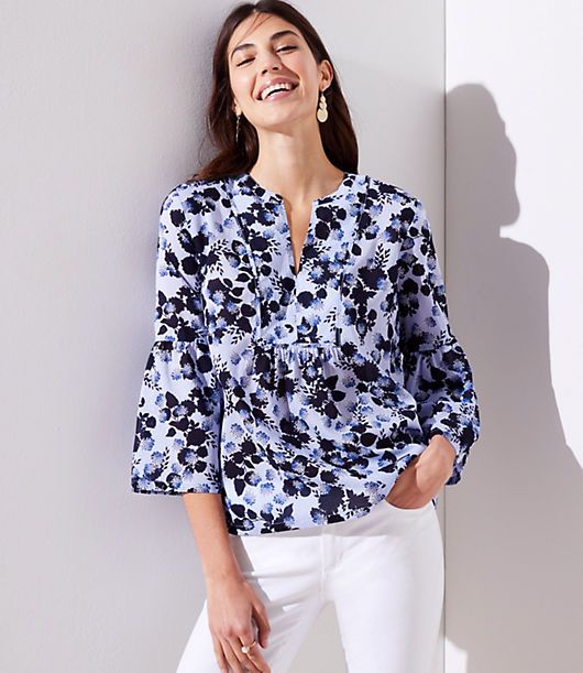 LOFT Floral Split Neck Bell Sleeve Blouse | LOFT