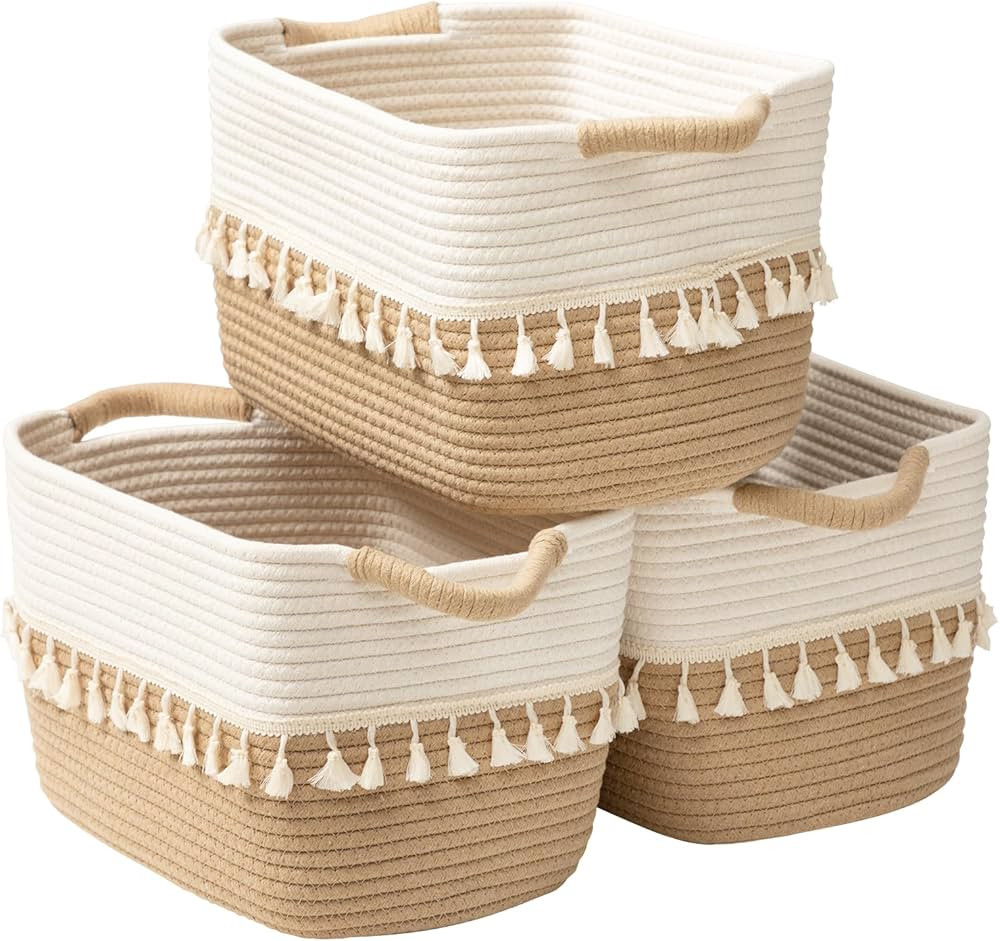 TeoKJ Woven Storage Bin Set of 3, Cotton Rope Basket for Storage, Clothes Boho Storage Basket Bin... | Amazon (US)